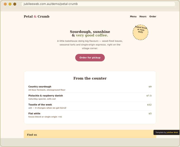 Petal & Crumb Bakehouse website template preview